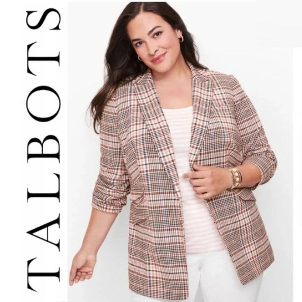 Talbots Pink and White Plaid Blazer Size 14
